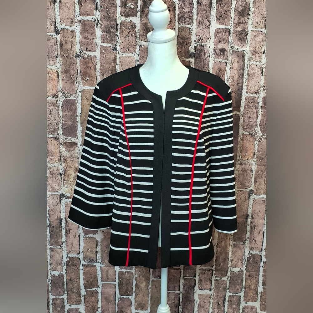 Studio One New York Striped Open Front Cardigan Jacket Black Red White 14W